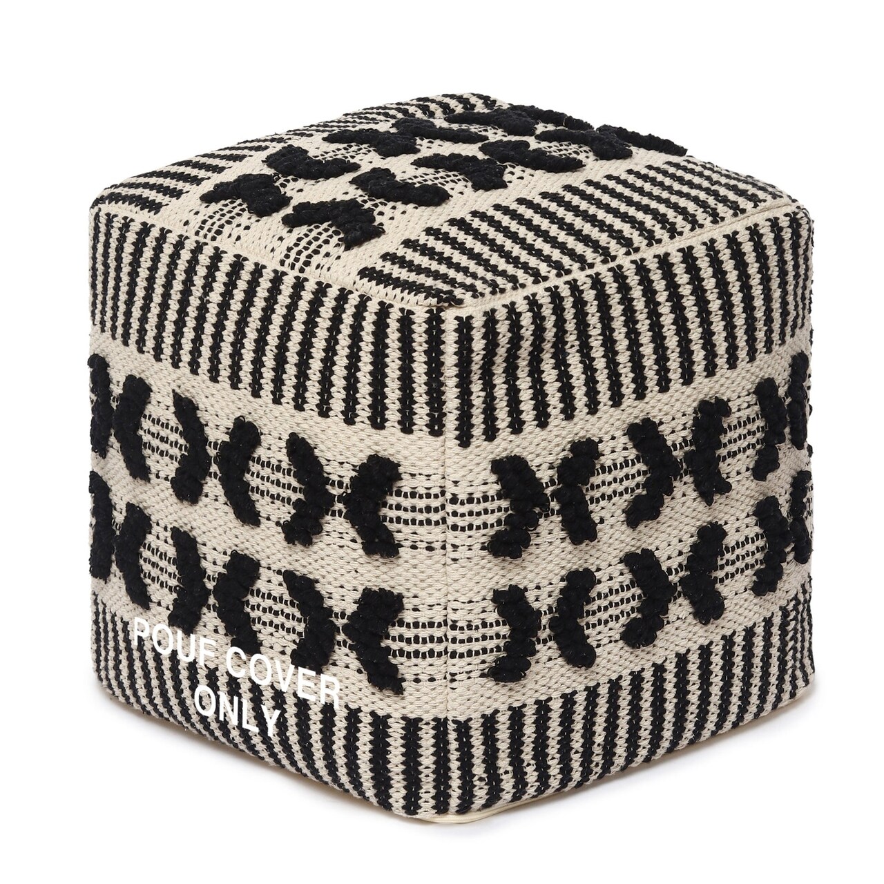 Edge Collections-Black-Textured Boho Pouf Cover for Versatile Seating-1 pcs